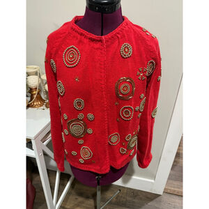 Vintage Red Gold Beaded Christmas Sweater Medium